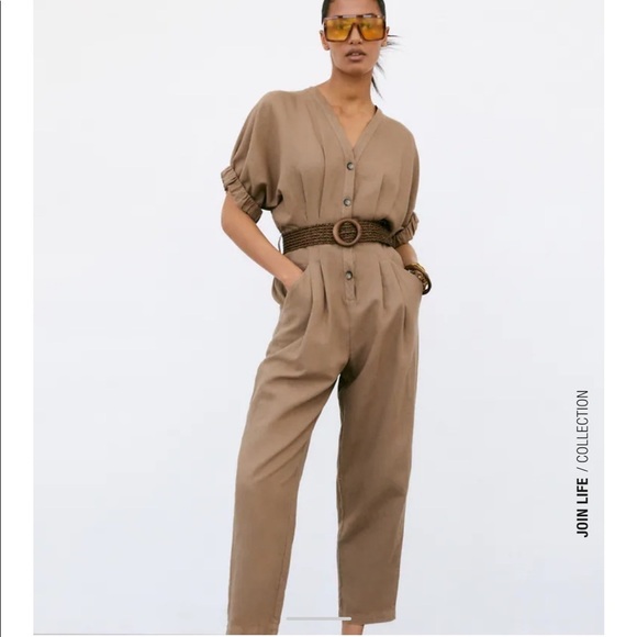 Zara Belted Tan Cuffed Jumpsuit - Picture 1 of 16